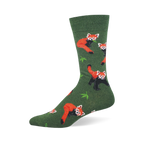 Green crew sock with a repeating pattern of red pandas featuring orange fur and black legs alongside green bamboo leaves.