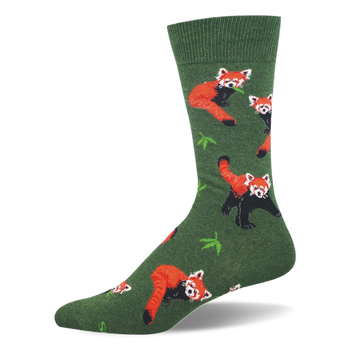Green crew sock with a repeating pattern of red pandas featuring orange fur and black legs alongside green bamboo leaves.