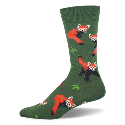 Green crew sock with a repeating pattern of red pandas featuring orange fur and black legs alongside green bamboo leaves.
