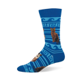 Blue crew sock with brown and calico cats sitting among light blue Greek key patterns, waves, and stripes.