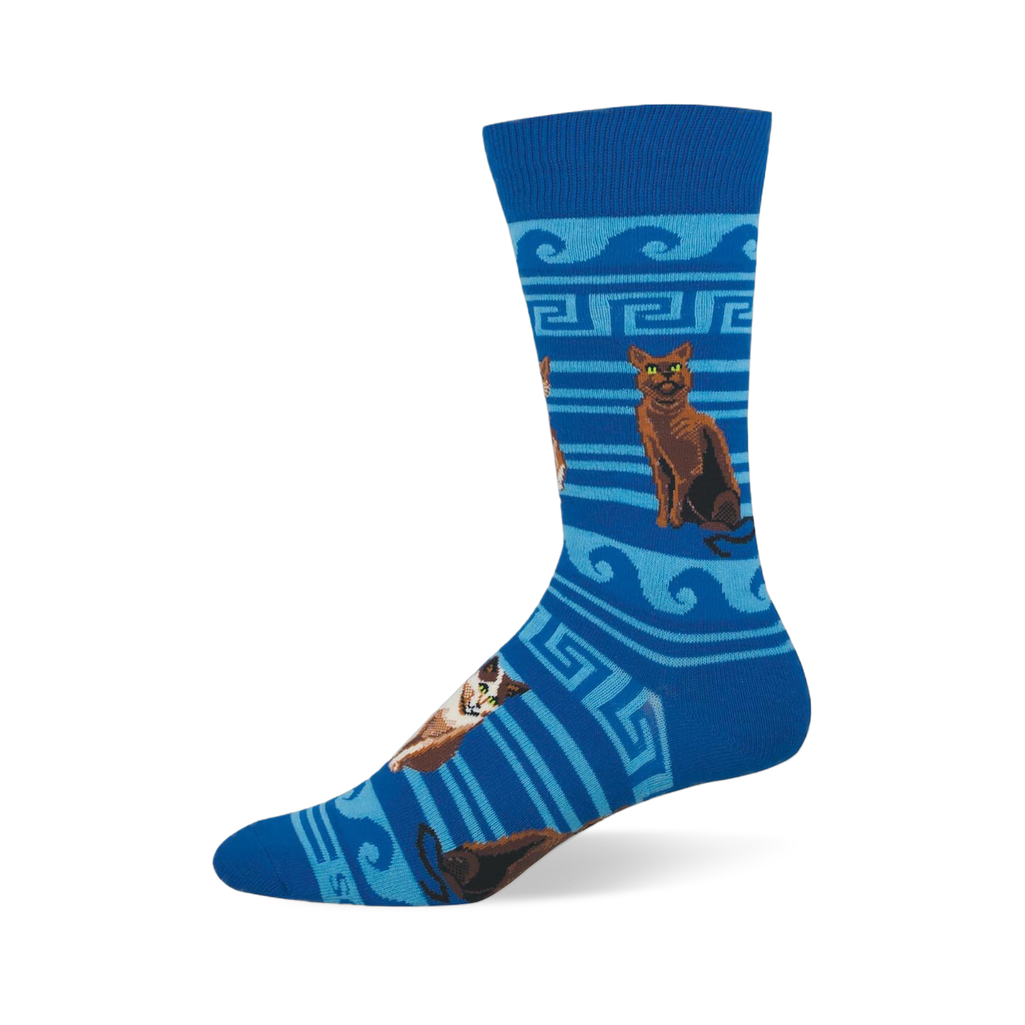 Blue crew sock with brown and calico cats sitting among light blue Greek key patterns, waves, and stripes.