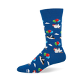 Blue crew sock showing a pattern of penguins and chickens floating among white clouds using bunches of colorful balloons.