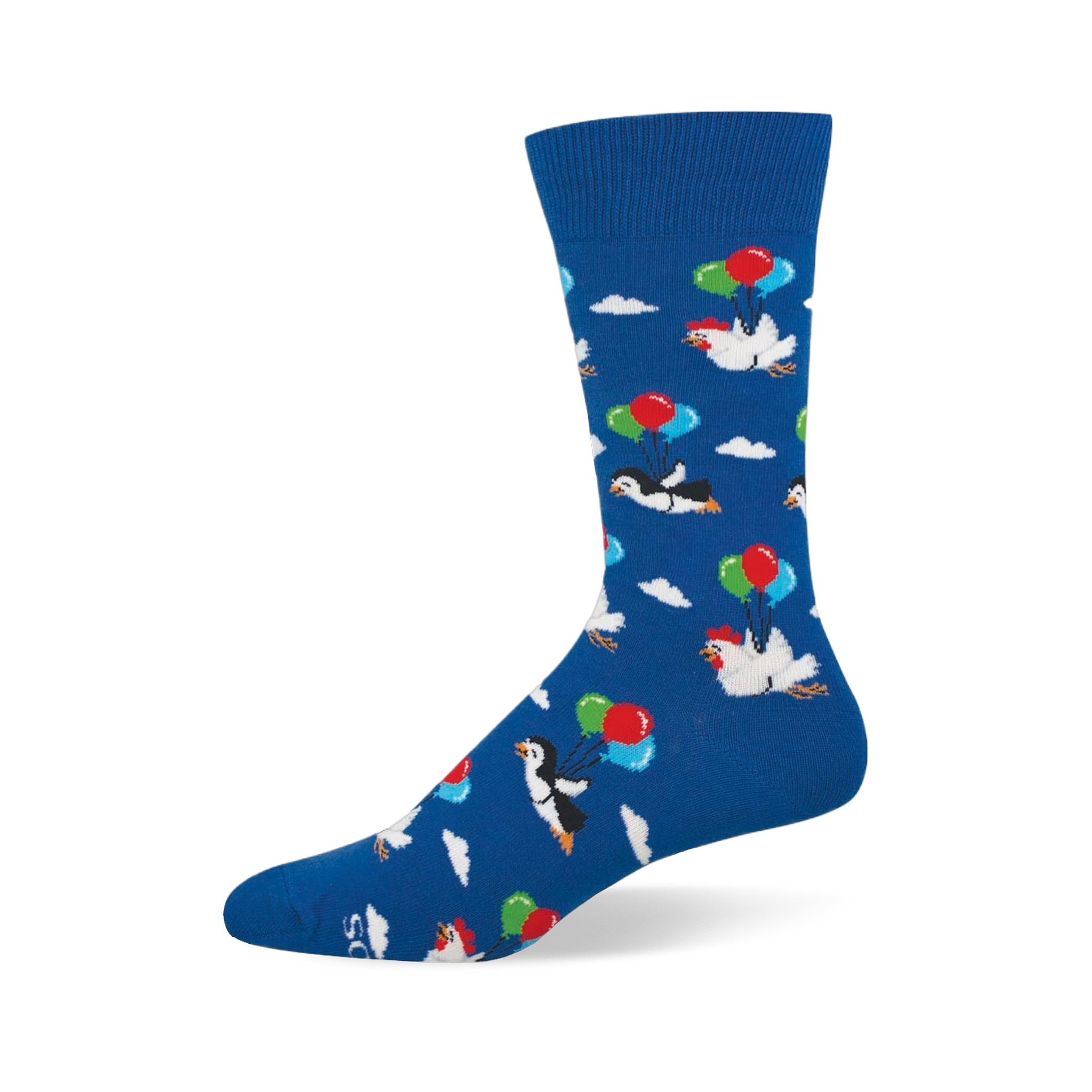 Blue crew sock showing a pattern of penguins and chickens floating among white clouds using bunches of colorful balloons.
