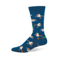 Blue crew socks patterned with mallard ducks. Some ducks are swimming normally while others are diving with their butts up.