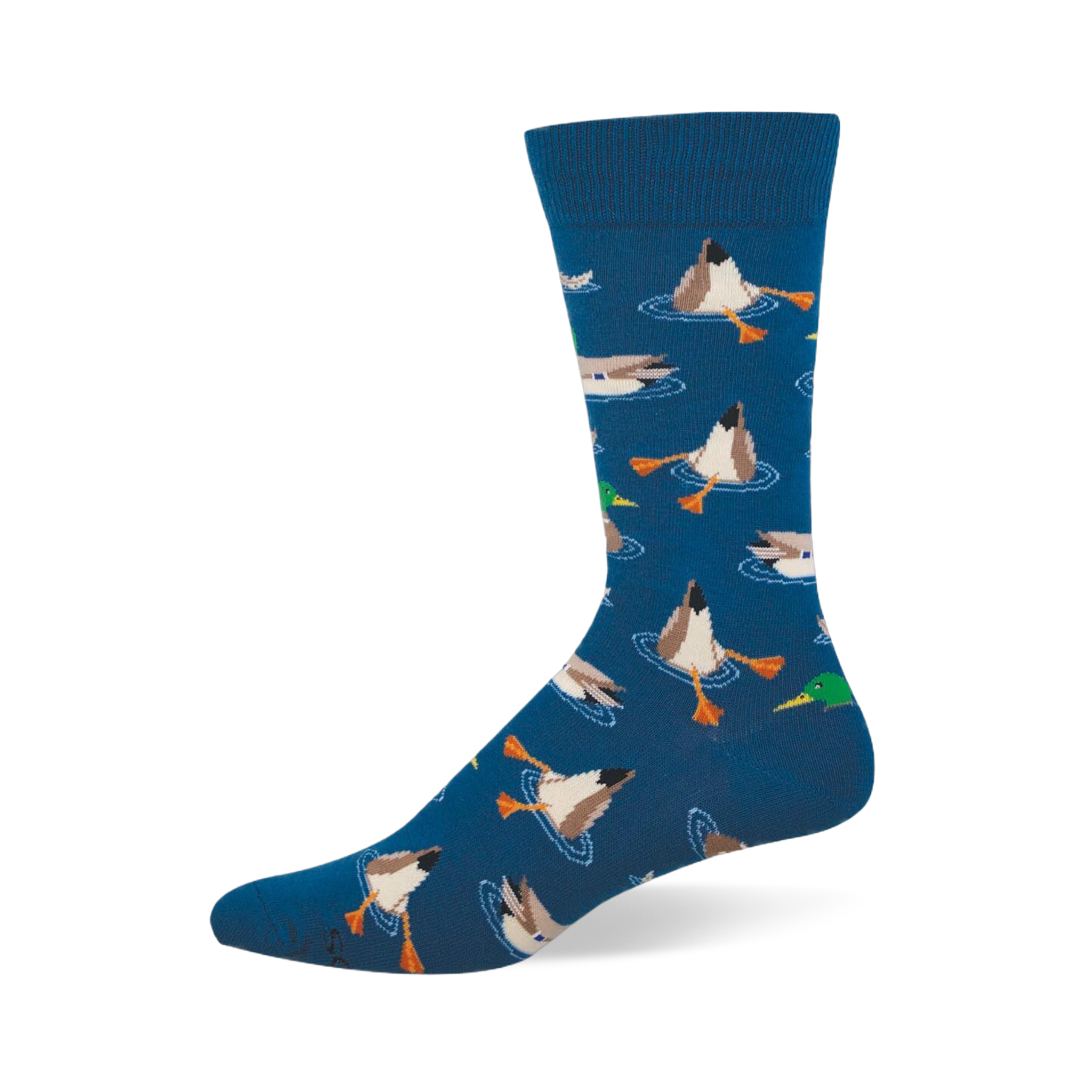 Blue crew socks patterned with mallard ducks. Some ducks are swimming normally while others are diving with their butts up.