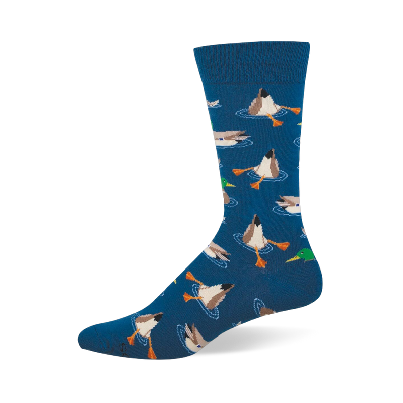 Blue crew socks patterned with mallard ducks. Some ducks are swimming normally while others are diving with their butts up.