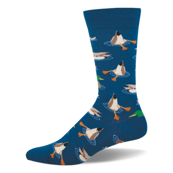 Blue crew socks patterned with mallard ducks. Some ducks are swimming normally while others are diving with their butts up.
