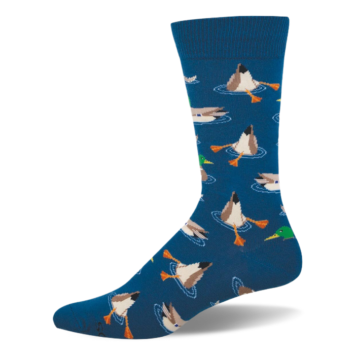 Blue crew socks patterned with mallard ducks. Some ducks are swimming normally while others are diving with their butts up. }}