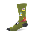 Olive green sock featuring a pattern of nerdy birds wearing glasses, hats, binoculars, and cameras, with a dark grey toe.