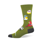 Olive green sock featuring a pattern of nerdy birds wearing glasses, hats, binoculars, and cameras, with a dark grey toe.