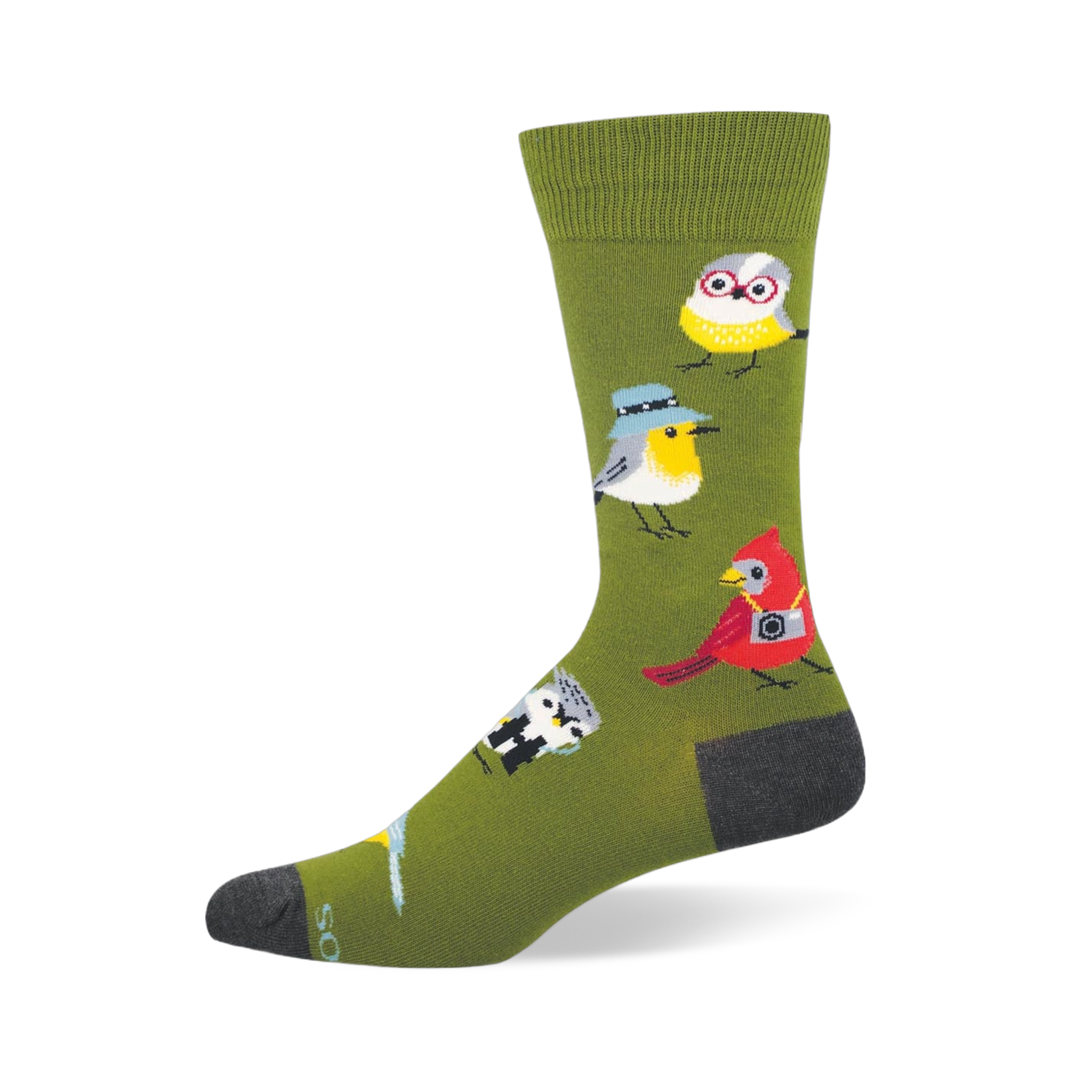 Olive green sock featuring a pattern of nerdy birds wearing glasses, hats, binoculars, and cameras, with a dark grey toe.