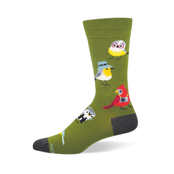 Olive green sock featuring a pattern of nerdy birds wearing glasses, hats, binoculars, and cameras, with a dark grey toe.
