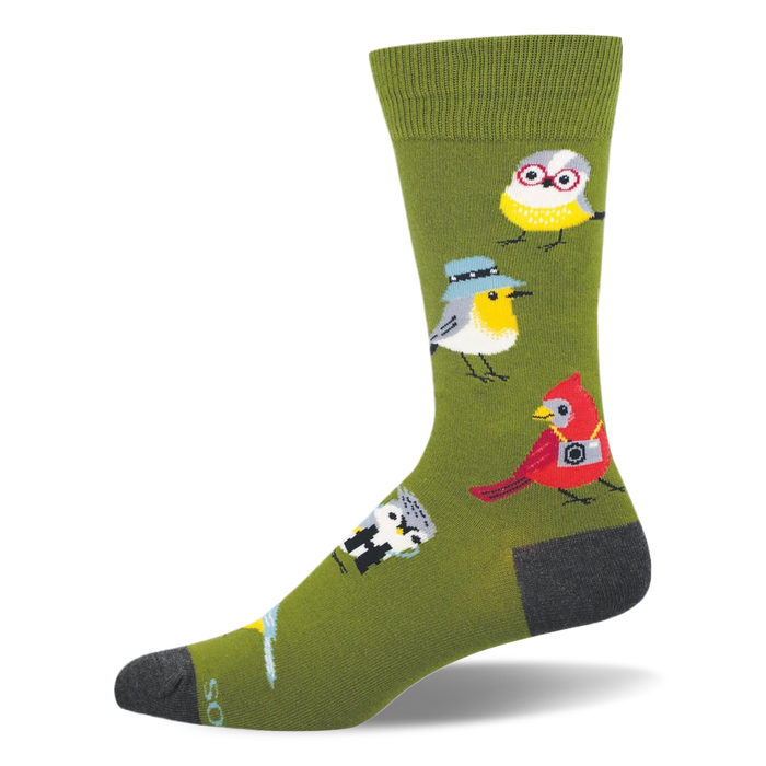 Olive green sock featuring a pattern of nerdy birds wearing glasses, hats, binoculars, and cameras, with a dark grey toe. }}