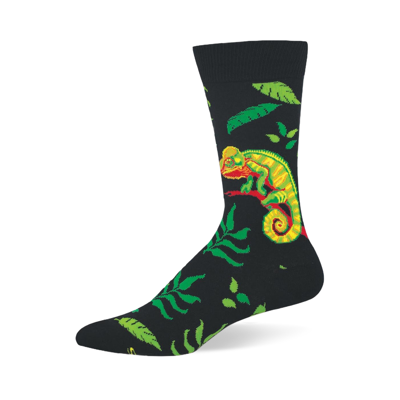 Black crew socks featuring a neon green and yellow chameleon on a red branch, surrounded by assorted green jungle leaves.