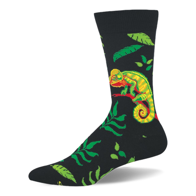 Black crew socks featuring a neon green and yellow chameleon on a red branch, surrounded by assorted green jungle leaves.