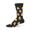 Black crew sock featuring a repeating pattern of golden yellow chicken nuggets being dipped into white cups of red sauce.