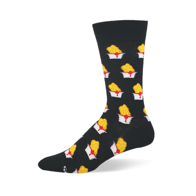Black crew sock featuring a repeating pattern of golden yellow chicken nuggets being dipped into white cups of red sauce.