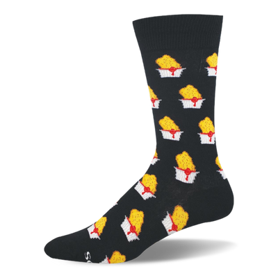 Black crew sock featuring a repeating pattern of golden yellow chicken nuggets being dipped into white cups of red sauce.