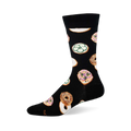 Black crew sock featuring a pattern of everything bagels, plain halves, and bagels topped with cream cheese and cucumbers.