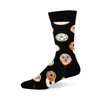 Black crew sock featuring a pattern of everything bagels, plain halves, and bagels topped with cream cheese and cucumbers.