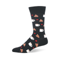 Black crew sock with a repeating pattern of white coffee mugs, brown poop emojis, and small red hearts.