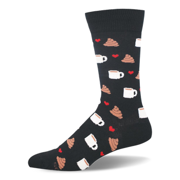 Black crew sock with a repeating pattern of white coffee mugs, brown poop emojis, and small red hearts.