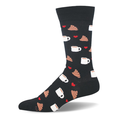 Black crew sock with a repeating pattern of white coffee mugs, brown poop emojis, and small red hearts.