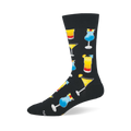 Black crew sock with bright tropical cocktails, including blue drinks with cherries and tall layered beverages.