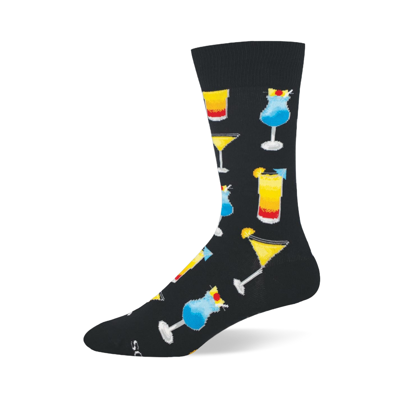 Black crew sock with bright tropical cocktails, including blue drinks with cherries and tall layered beverages.