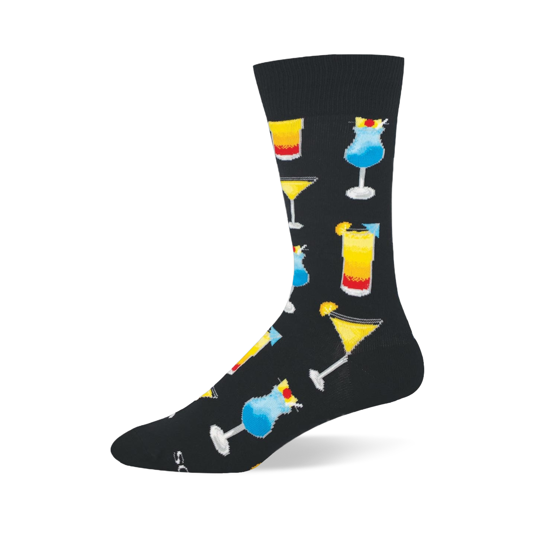 Black crew sock with bright tropical cocktails, including blue drinks with cherries and tall layered beverages.