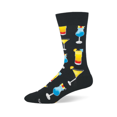 Black crew sock with bright tropical cocktails, including blue drinks with cherries and tall layered beverages.