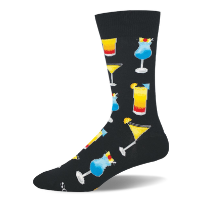 Black crew sock with bright tropical cocktails, including blue drinks with cherries and tall layered beverages.