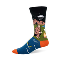 Crew sock with black top, blue foot, and orange heel/toe. Features Bigfoot by a fire, a UFO, and a swimming sea monster.