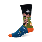 Crew sock with black top, blue foot, and orange heel/toe. Features Bigfoot by a fire, a UFO, and a swimming sea monster.