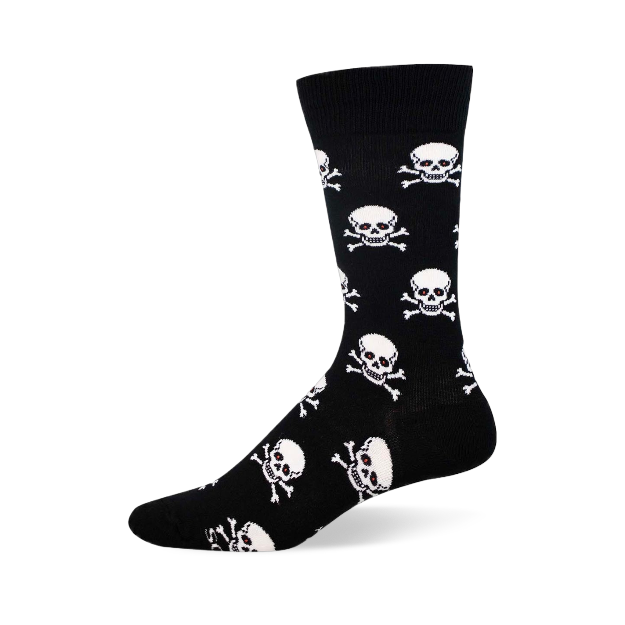Black crew sock featuring a repeating pattern of white skulls and crossbones with tiny red dots inside the eye sockets.
