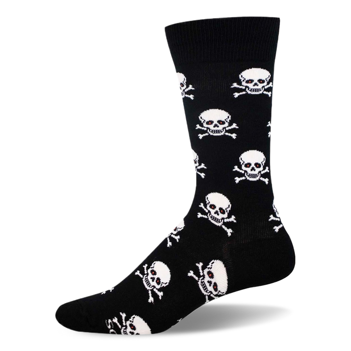 Black crew sock featuring a repeating pattern of white skulls and crossbones with tiny red dots inside the eye sockets. }}