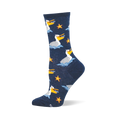 Navy blue crew sock featuring a pattern of white pelicans floating on blue waves and bright orange starfish scattered around.