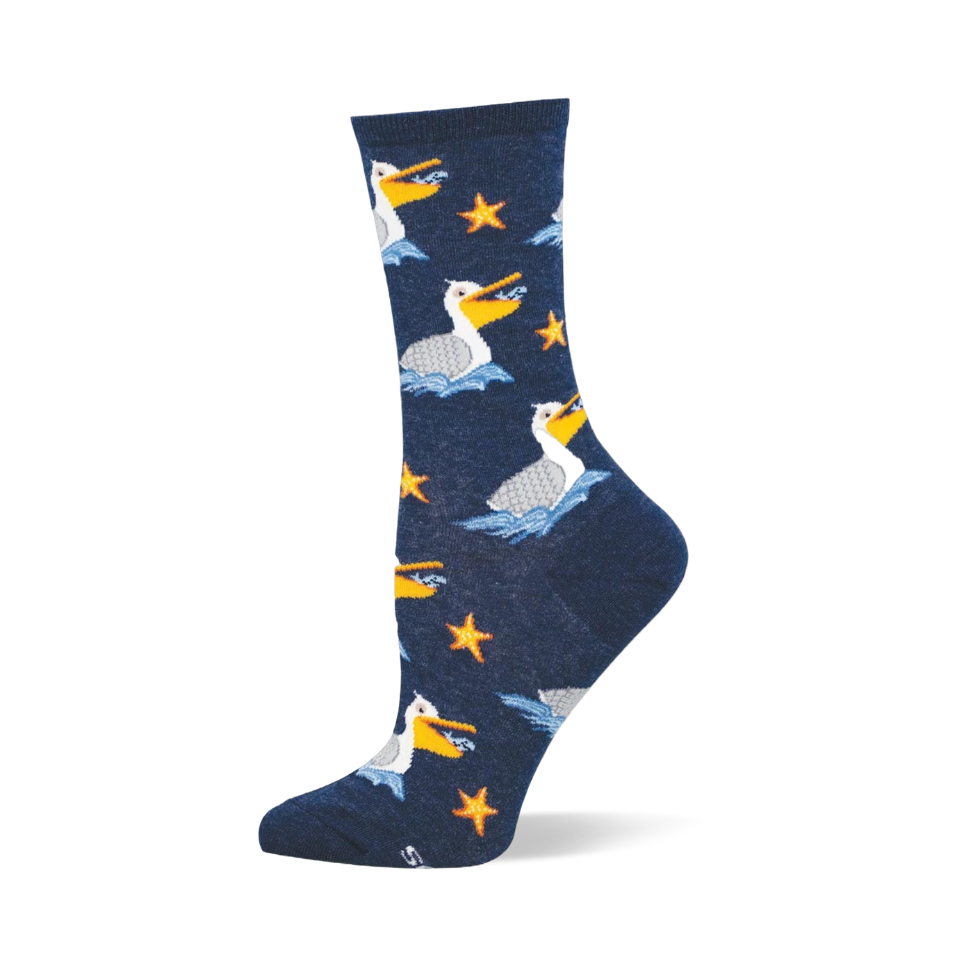 Navy blue crew sock featuring a pattern of white pelicans floating on blue waves and bright orange starfish scattered around.