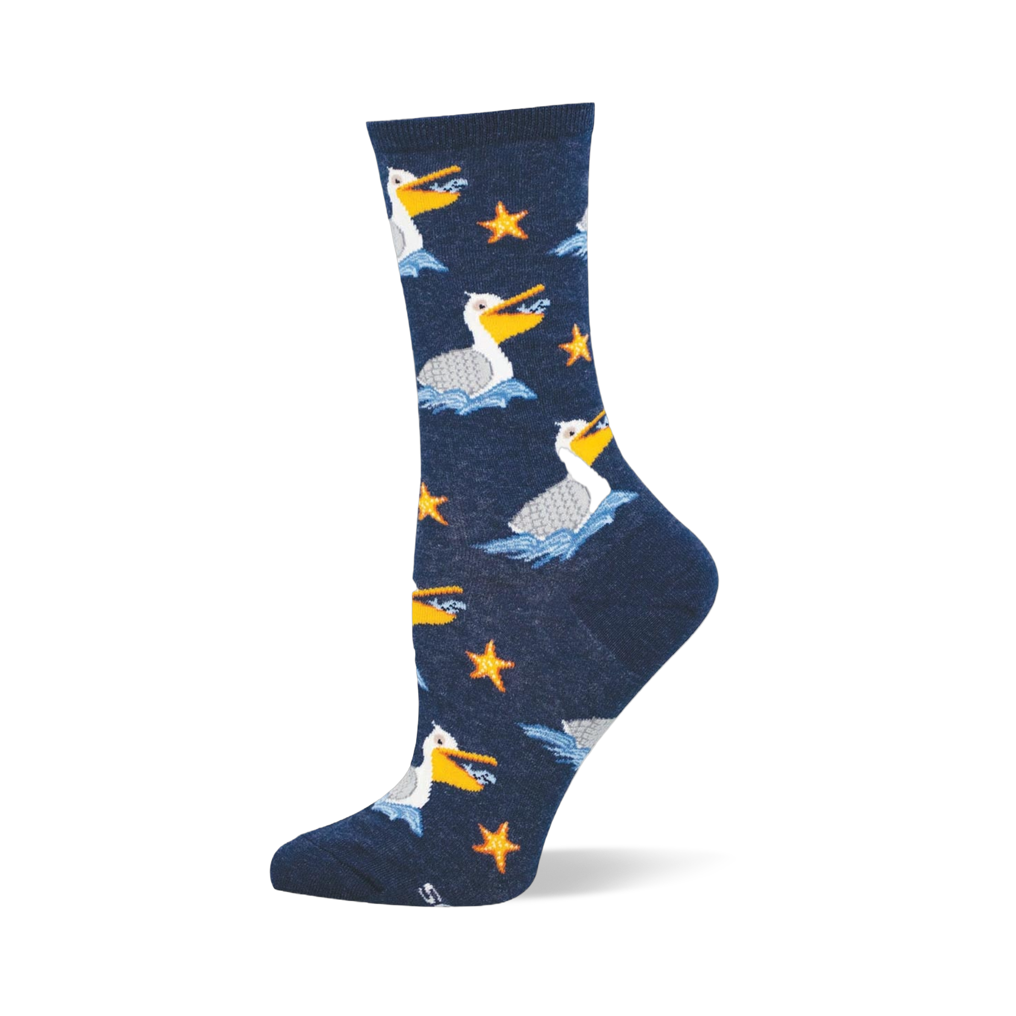 Navy blue crew sock featuring a pattern of white pelicans floating on blue waves and bright orange starfish scattered around.