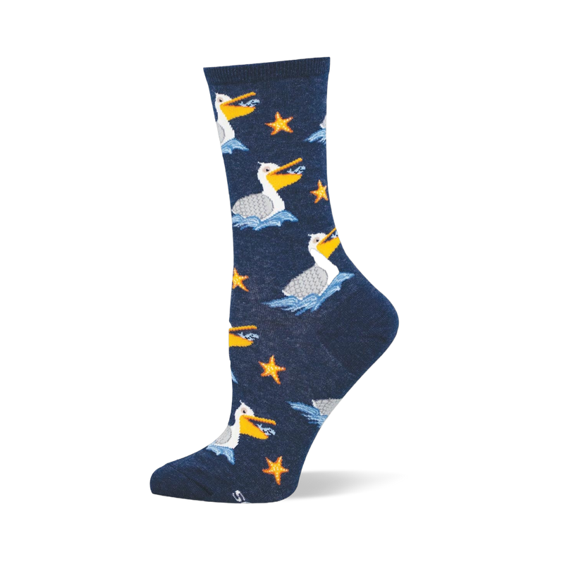 Navy blue crew sock featuring a pattern of white pelicans floating on blue waves and bright orange starfish scattered around.