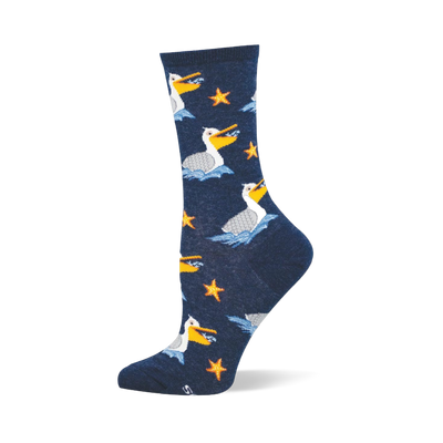 Navy blue crew sock featuring a pattern of white pelicans floating on blue waves and bright orange starfish scattered around.