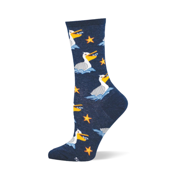 Navy blue crew sock featuring a pattern of white pelicans floating on blue waves and bright orange starfish scattered around. }}