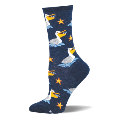 Navy blue crew sock featuring a pattern of white pelicans floating on blue waves and bright orange starfish scattered around.