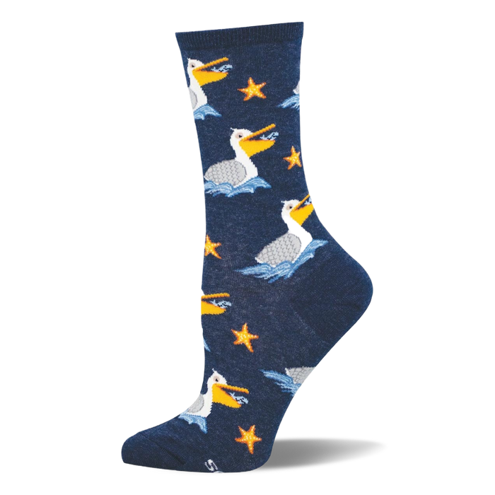 Navy blue crew sock featuring a pattern of white pelicans floating on blue waves and bright orange starfish scattered around. }}