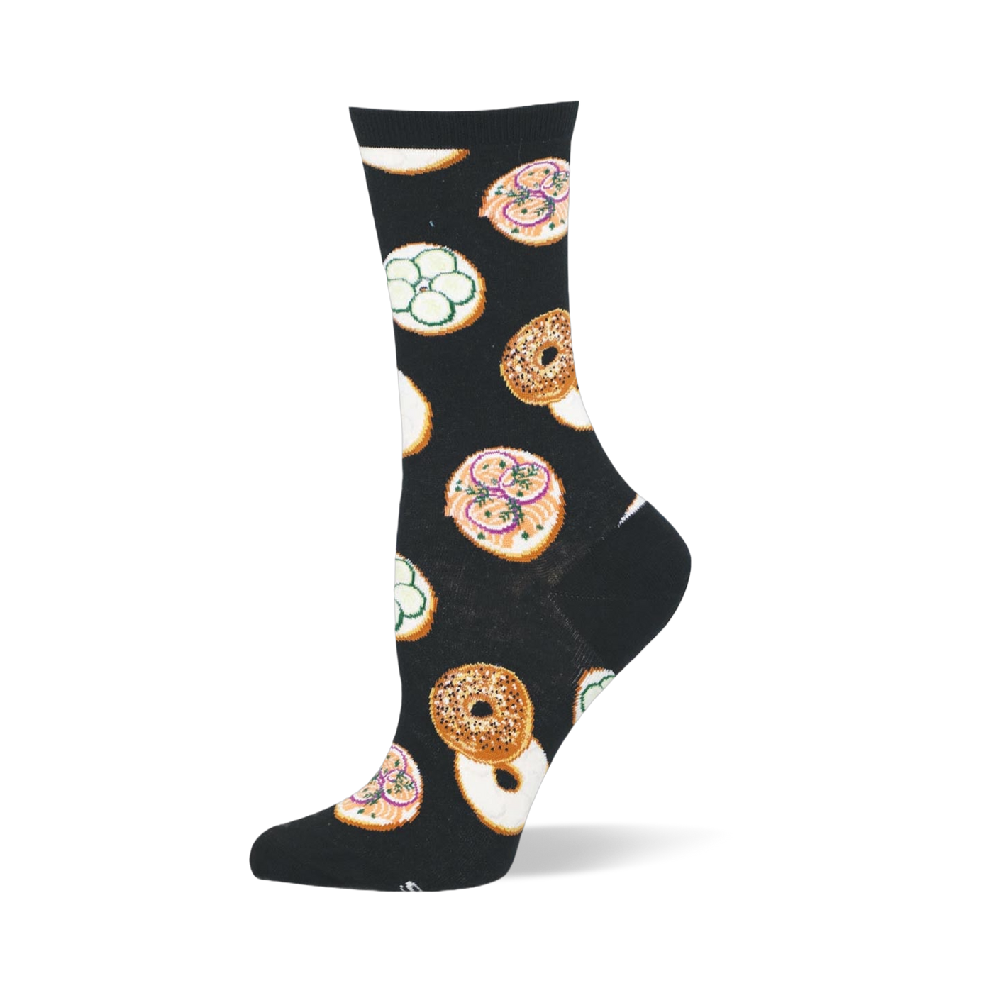 Black crew sock featuring a pattern of whole seeded bagels and open-faced bagel halves with pink lox and green cucumbers.