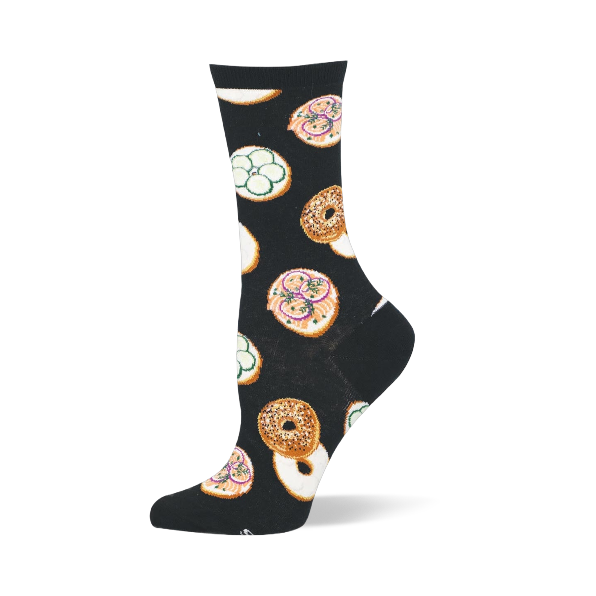Black crew sock featuring a pattern of whole seeded bagels and open-faced bagel halves with pink lox and green cucumbers.