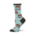 Light blue crew sock showing a pattern of chocolate whoopie pies with white filling, brown accents, and the word WHOOPIE!