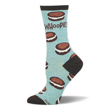 Light blue crew sock showing a pattern of chocolate whoopie pies with white filling, brown accents, and the word WHOOPIE!