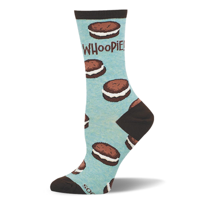 Light blue crew sock showing a pattern of chocolate whoopie pies with white filling, brown accents, and the word WHOOPIE!