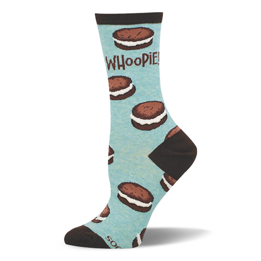 Light blue crew sock showing a pattern of chocolate whoopie pies with white filling, brown accents, and the word WHOOPIE! }}
